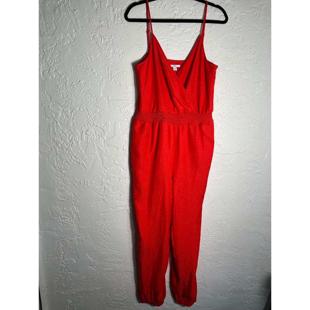 Bar III Red Satin Jacquard Jogger Jumpsuit Size Large Surplice Sleeveless